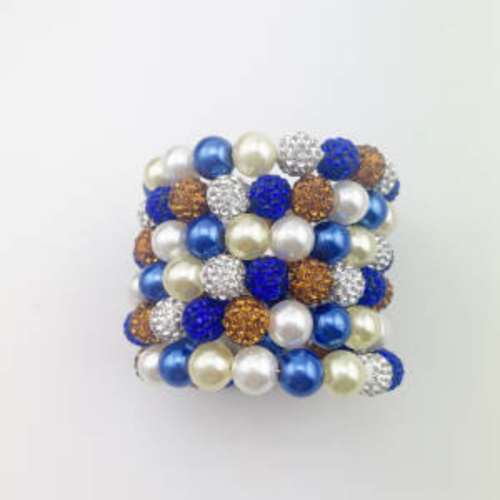 Royal Blue, Gold and Pearl Wrap Bracelet